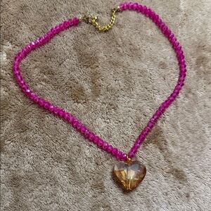 Pink Beaded Necklace with Heart Pendant